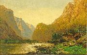 Carl jun. Oesterley Carl Oesterley jr. Romantische Flusslandschaft mit Personenstaffage an einem prachtvollen Sommertag Spain oil painting artist